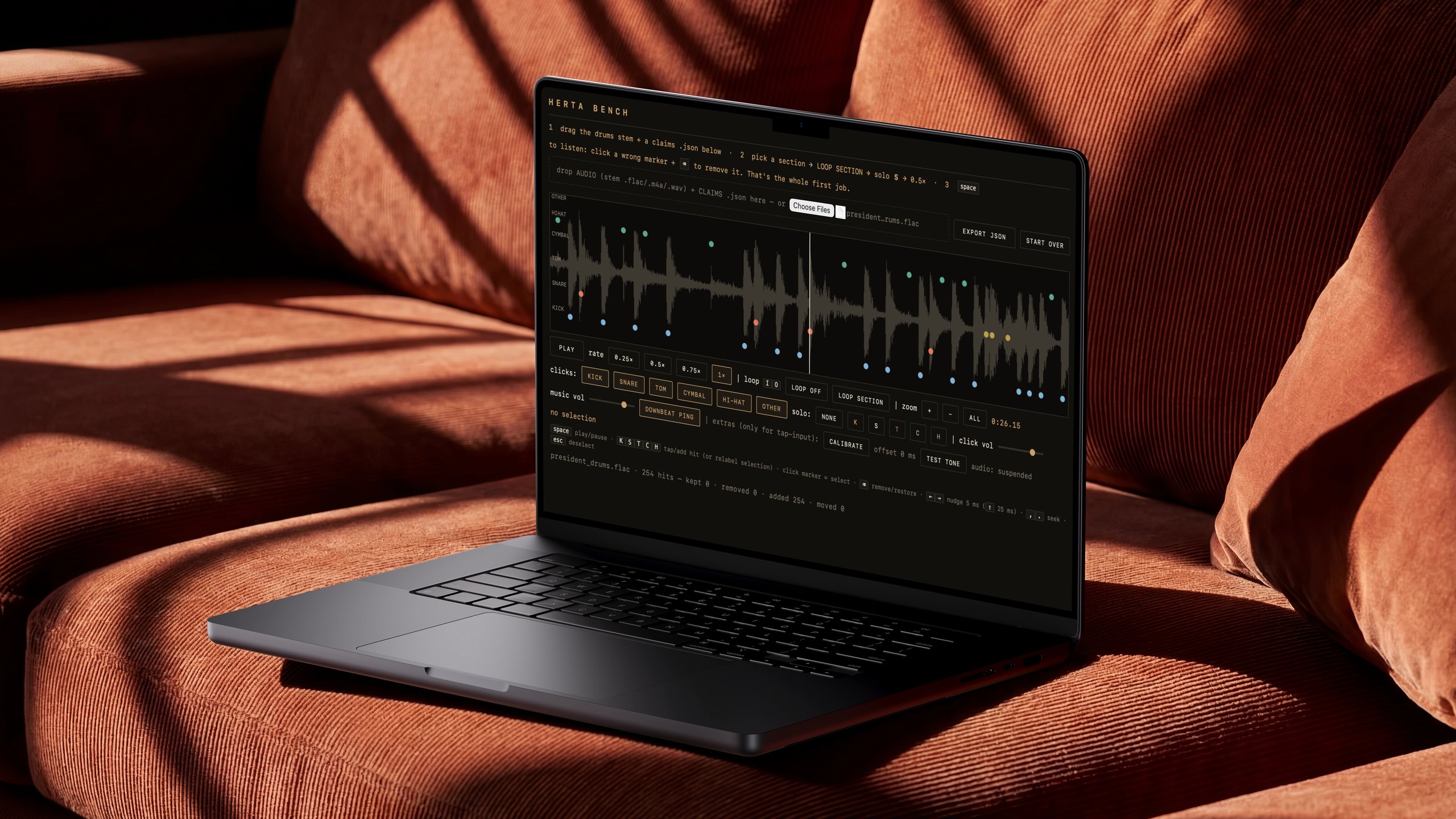 Herta Bench, the browser tool used to place every drum hit by hand, open on a laptop
