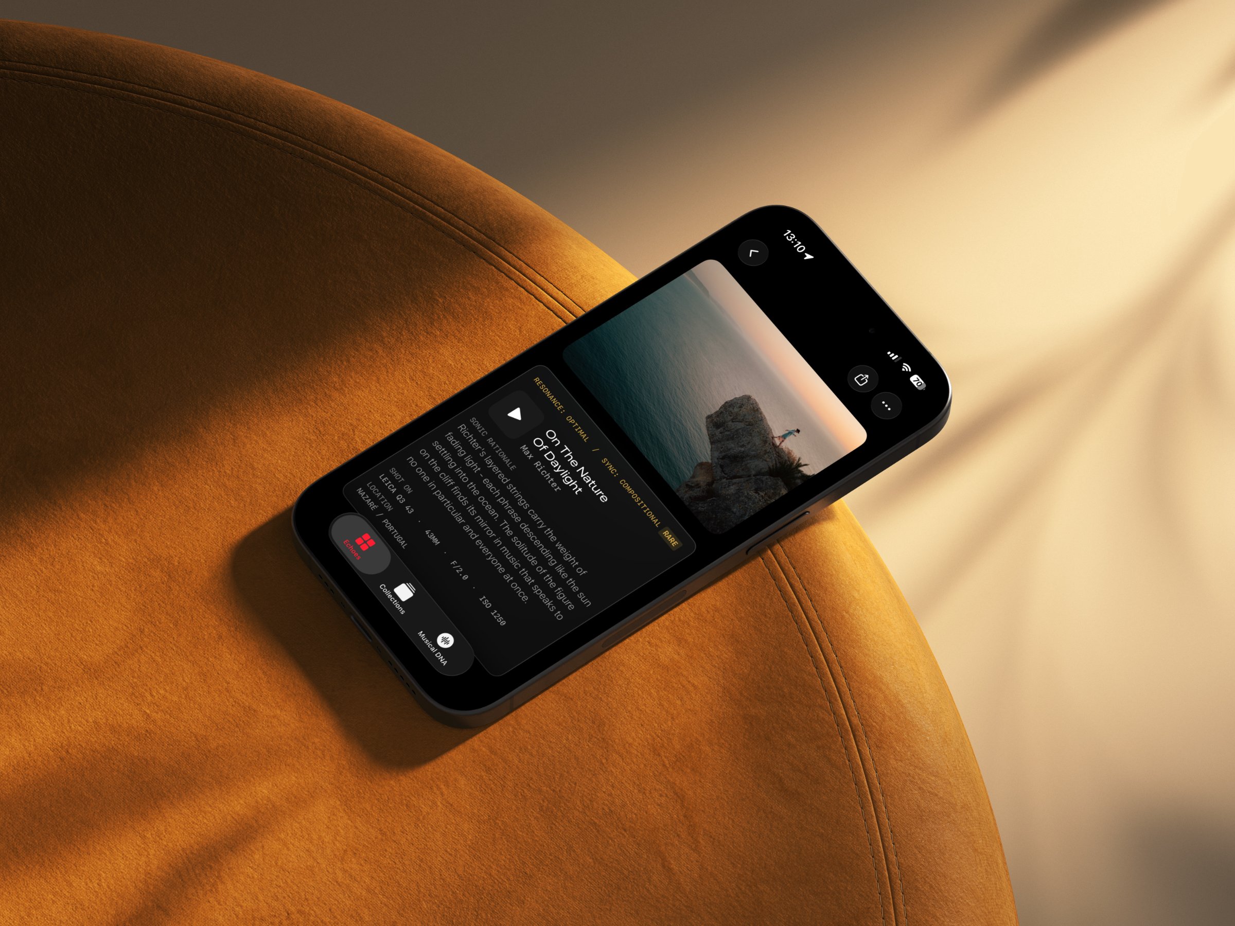 Echo Frame on iPhone, pairing a Nazaré cliff frame with a Max Richter track