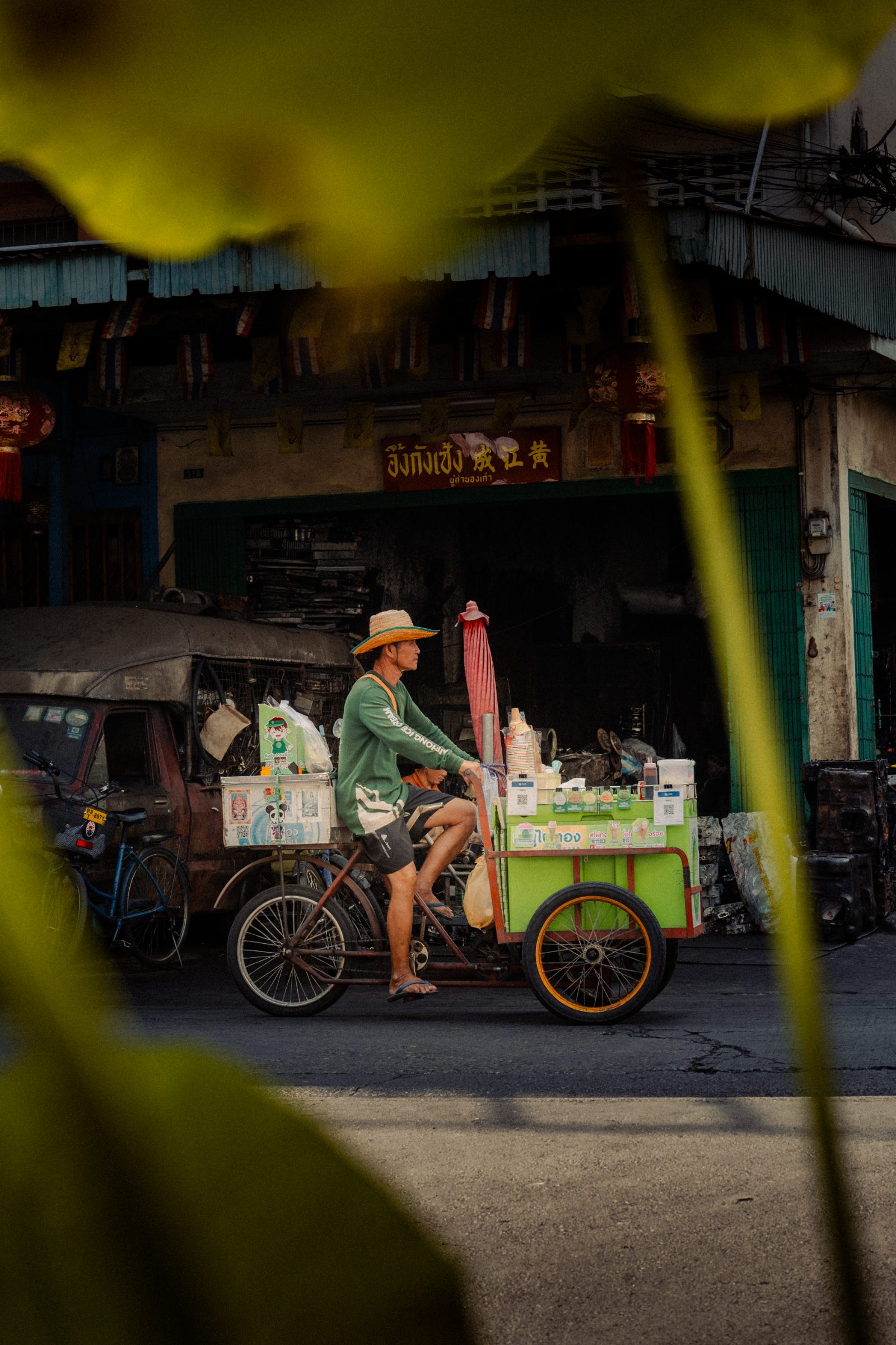 A vendor's tricycle glimpsed through leaves in Bangkok